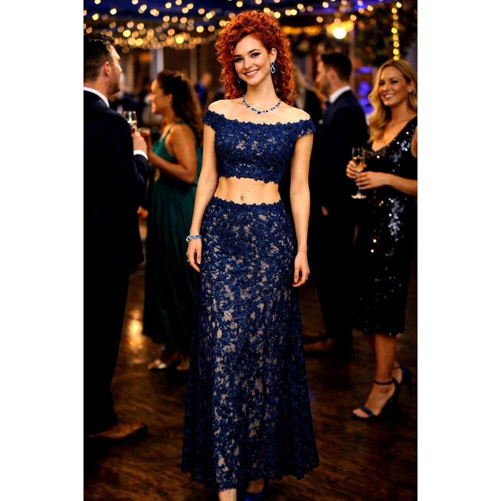 City Triangle One Piece in the Back/Two Piece in the Front Lace Gown Blue/Nude 7